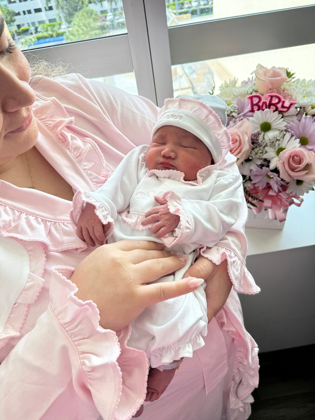 White with Baby Pink Ruffle Personalized Baby Coming Home SET PRE / 7PC SET FOOTIE HAT BLANKET GOWN BIB BURP