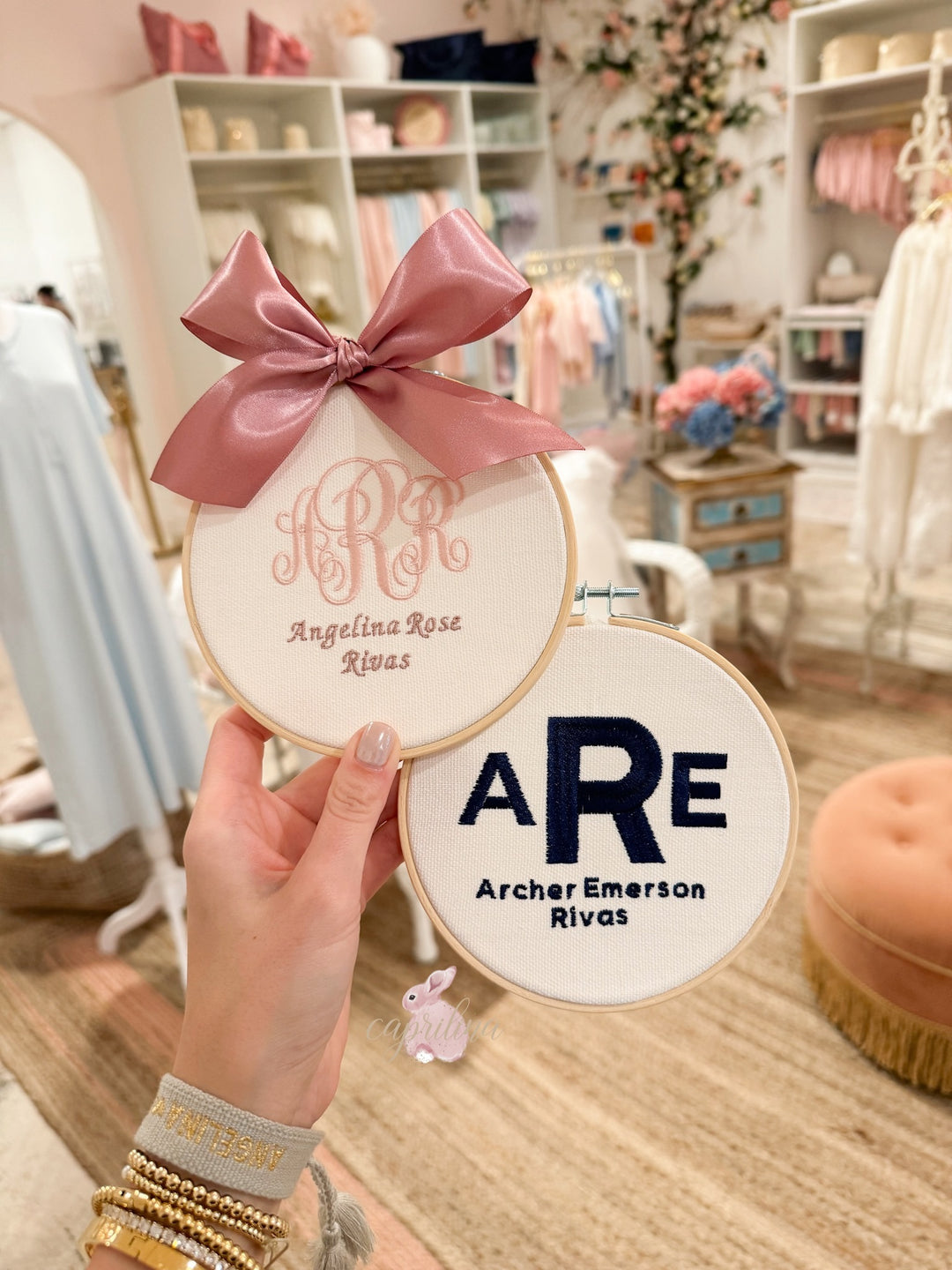 Embroidered Baby Name & Monogram Hoop Plaque – Caprilina