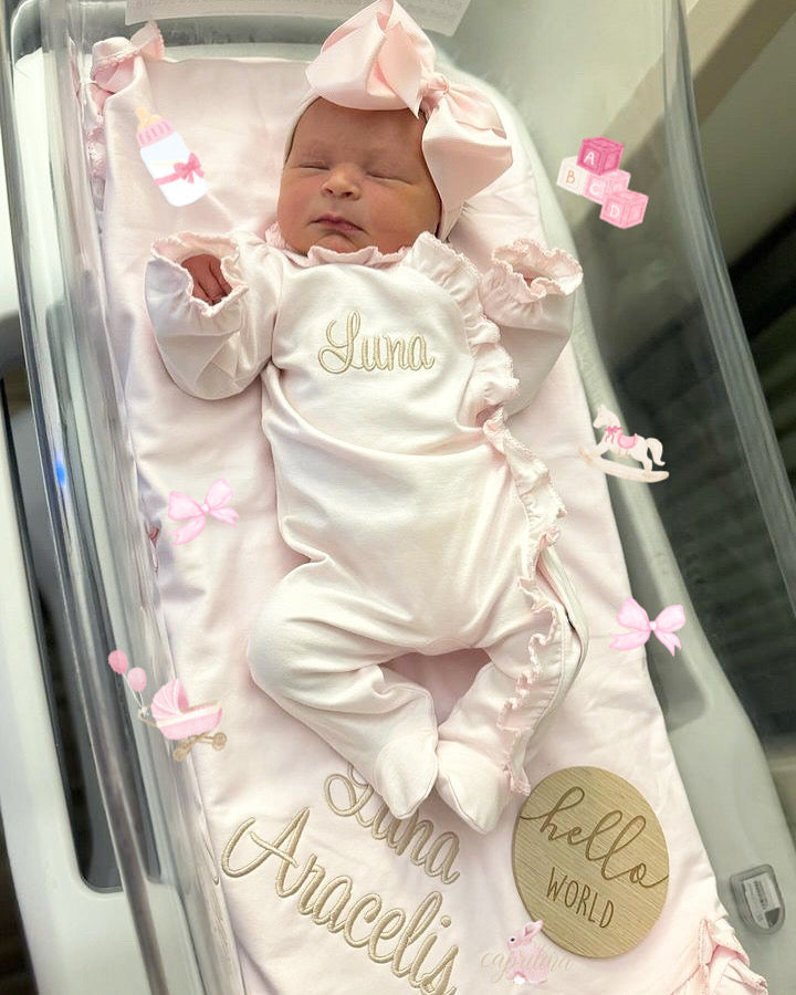 coming home dresses for newborns Baby Pink Ruffle Personalized Coming Home Set PRE / FOOTIE BLANKET HAT